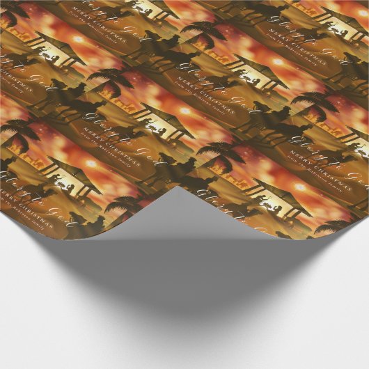 Kerstmis Geboorte Scène Glorie aan God Goud Script Cadeaupapier (Hoek)