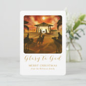 Kerstmis Geboorte Scène Glorie aan God Goud Script Feestdagenkaart (Staand voorkant)