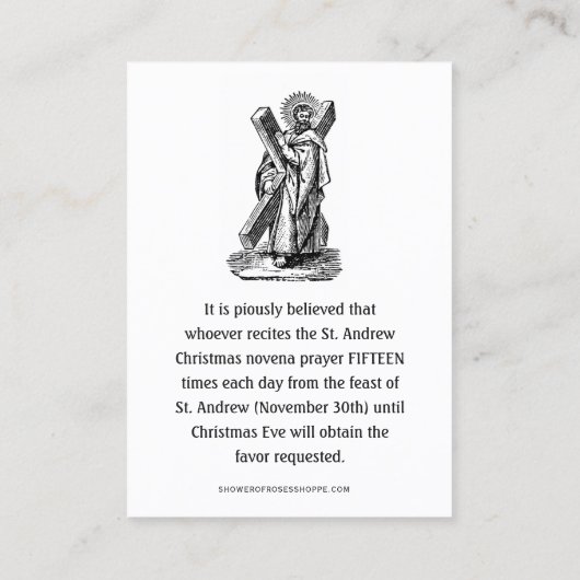 Kerstmis Geboorte St. Andrew Novena Gebed Heilig Visitekaartje (Achterkant)