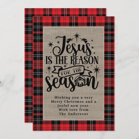 Kerstmis Gebuffeld Plaid met Jezus als Reden Feestdagenkaart (Voorkant / Achterkant)