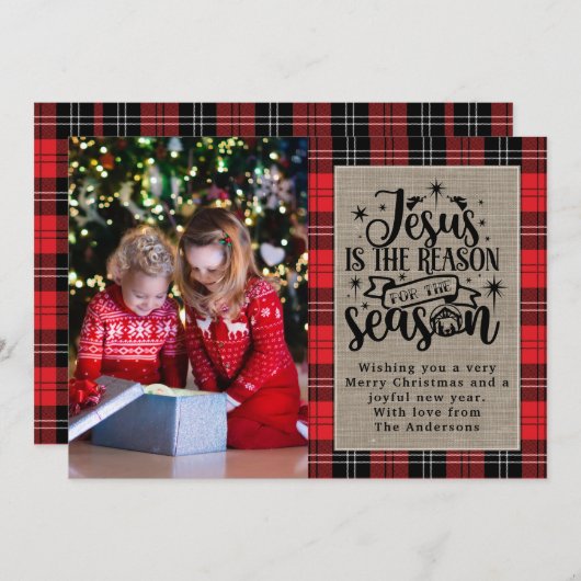 Kerstmis Gebuffeld Plaid met Jezus als Reden Feestdagenkaart (Voorkant / Achterkant)