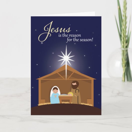 Kerstmis geïllustreerde kerststal feestdagen kaart (Voorkant)