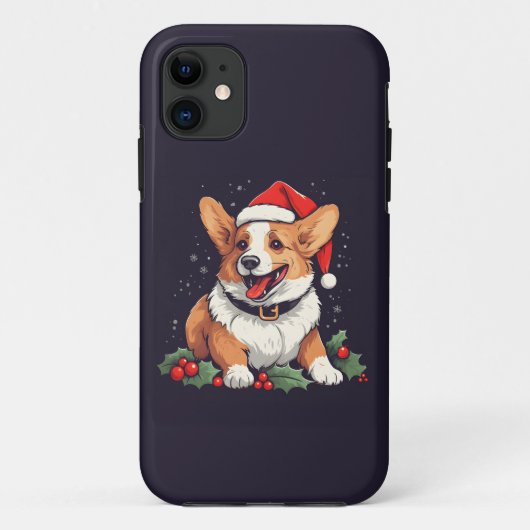 Kerstmis Gelukkige Corgi in Kerstmishoed met hulst Case-Mate iPhone Case (Achterkant)