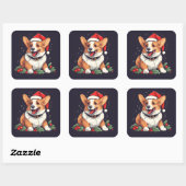 Kerstmis Gelukkige Corgi in Kerstmishoed met hulst Vierkante Sticker (Vel)