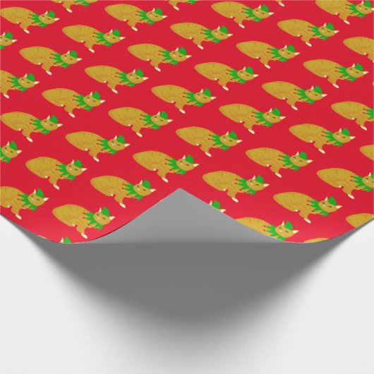 Kerstmis gember kat in elf kostuum rood groen cadeaupapier (Hoek)