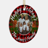 Kerstmis gepersonaliseerde foto rode plaid pinecon keramisch ornament (Rechts)