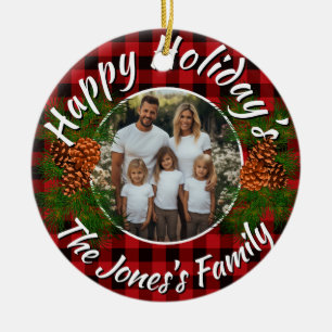 Kerstmis gepersonaliseerde foto rode plaid pinecon keramisch ornament