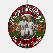 Kerstmis gepersonaliseerde foto rode plaid pinecon keramisch ornament (Links)