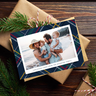 Kerstmis geruit één foto klassiek marineblauw feestdagenkaart