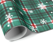 Kerstmis geruit groen rood sneeuwvlokken patroon cadeaupapier (Rol Hoek)