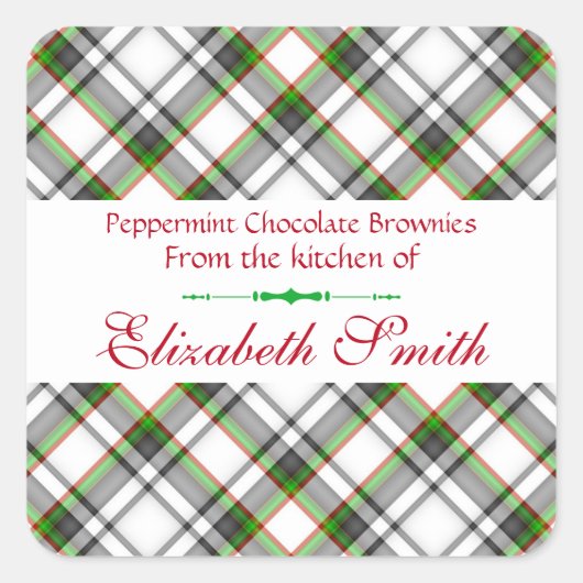 Kerstmis geruit, Rood Groen Wit Koek en Traktaties Vierkante Sticker (Voorkant)