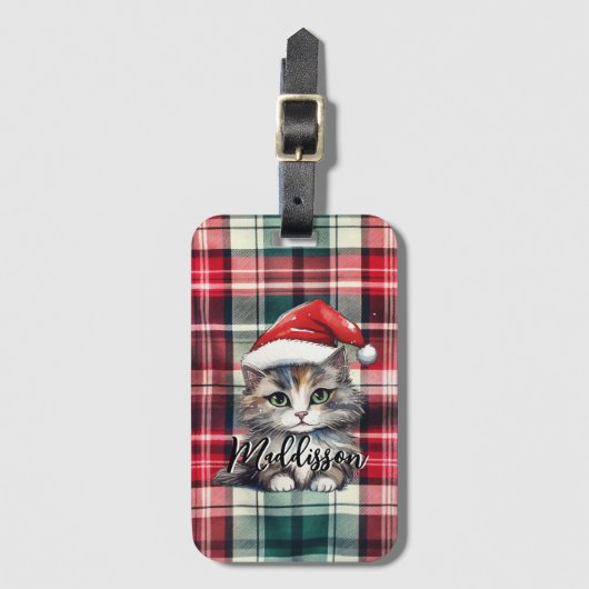 Kerstmis geruite kerstkat met naam bagagelabel (Voorkant (verticaal))