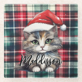Kerstmis geruite kerstkat met naam glazen onderzetter