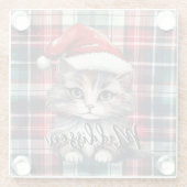 Kerstmis geruite kerstkat met naam glazen onderzetter (Achterkant)