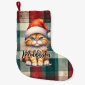 Kerstmis geruite kerstkat met naam kleine kerstsok (Voorkant)