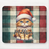 Kerstmis geruite kerstkat met naam muismat (Voorkant)