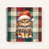 Kerstmis geruite kerstkat met naam notitieboek (Voorkant)