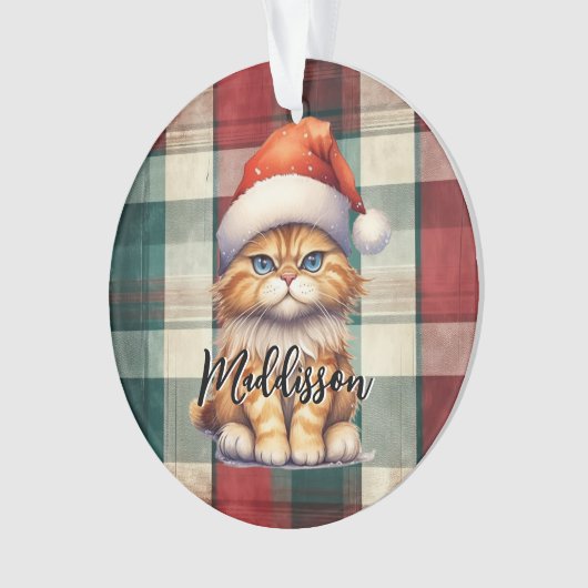 Kerstmis geruite kerstkat met naam ornament (voorkant)