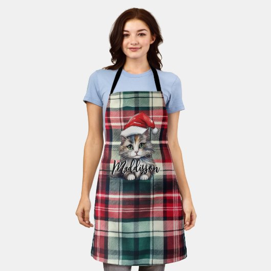Kerstmis geruite kerstkat met naam schort (Gedragen)
