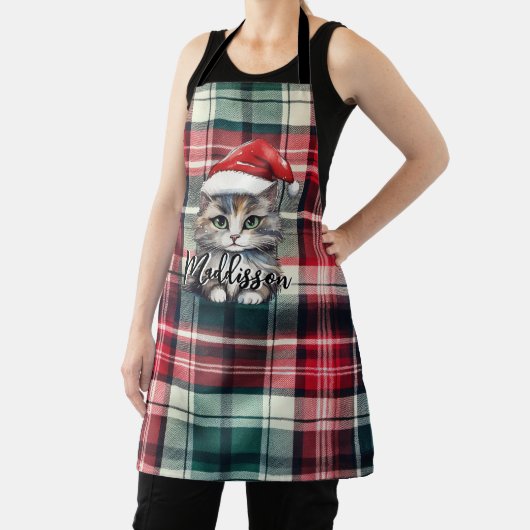 Kerstmis geruite kerstkat met naam schort (Insitu)