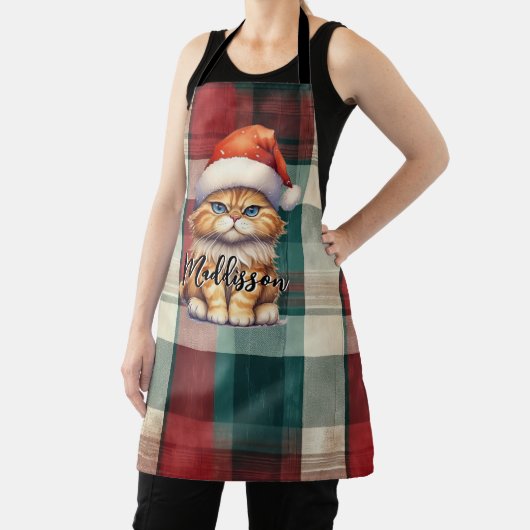 Kerstmis geruite kerstkat met naam schort (Insitu)