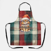 Kerstmis geruite kerstkat met naam schort (Voorkant)