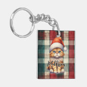 Kerstmis geruite kerstkat met naam sleutelhanger (Voorkant Links)