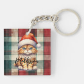 Kerstmis geruite kerstkat met naam sleutelhanger (Achterkant)