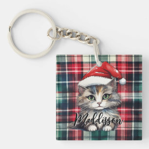 Kerstmis geruite kerstkat met naam sleutelhanger