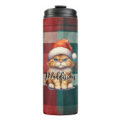 Kerstmis geruite kerstkat met naam thermosbeker (Voorkant)
