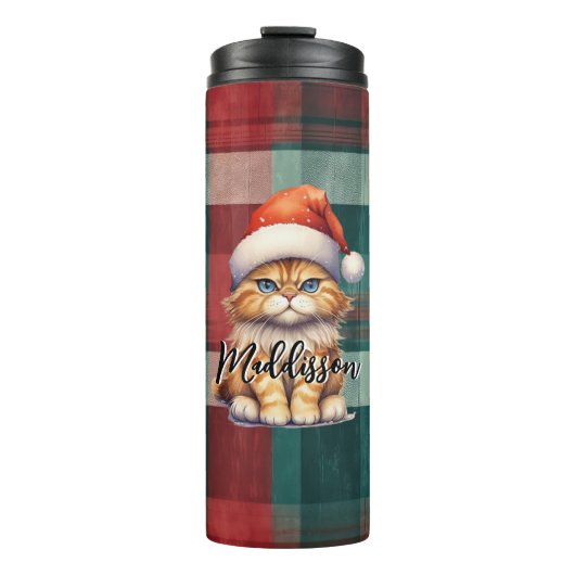 Kerstmis geruite kerstkat met naam thermosbeker (Voorkant)