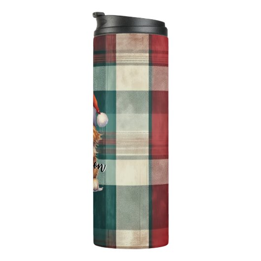 Kerstmis geruite kerstkat met naam thermosbeker (Geroteerd rechts)