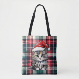Kerstmis geruite kerstkat met naam tote bag