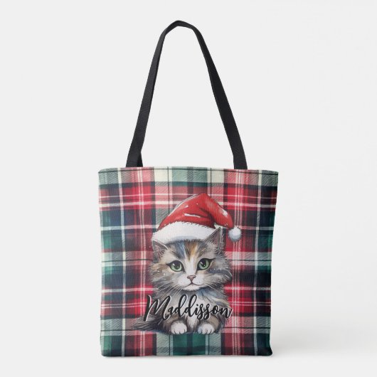 Kerstmis geruite kerstkat met naam tote bag (Achterkant)