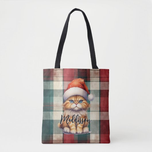Kerstmis geruite kerstkat met naam tote bag (Voorkant)