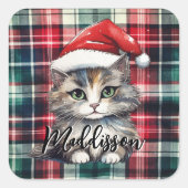 Kerstmis geruite kerstkat met naam vierkante sticker (Voorkant)
