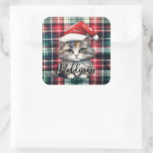 Kerstmis geruite kerstkat met naam vierkante sticker (Tas)