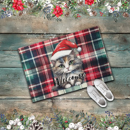 Kerstmis geruite kerstkat met tekst deurmat