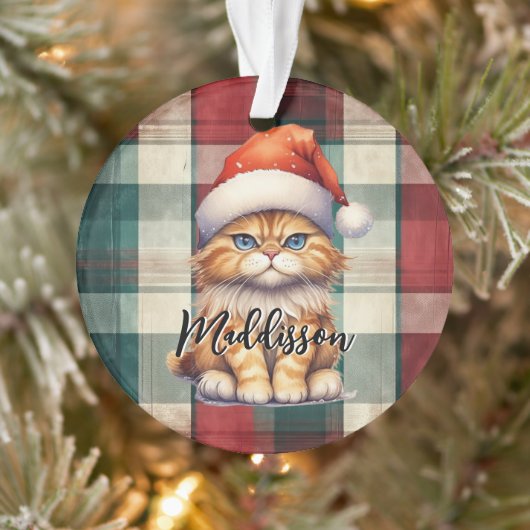 Kerstmis geruite Kerstman kat met naam Ornament (Boom)