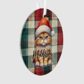 Kerstmis geruite Kerstman kat met naam Ornament (voorkant)