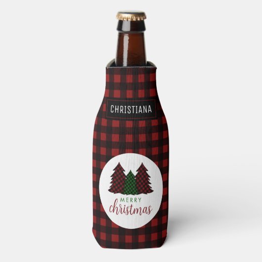 Kerstmis Geruite Patroon Kerstboom Flesjeskoeler (Fles Voorkant)