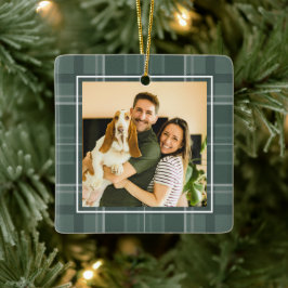 Kerstmis geruite sage groene kerst één foto keramisch ornament