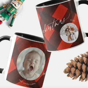 Kerstmis geschilderd rood zwart geruite twee foto mok