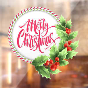 Kerstmis gestreepte krans hulst bessen raamsticker
