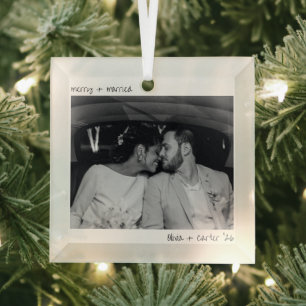 Kerstmis Getrouwd Foto Handgeschreven Eenvoudig Glas Ornament