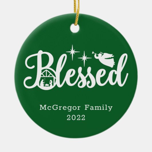 Kerstmis Gezegend Groen en Wit Keramisch Ornament (Voorkant)