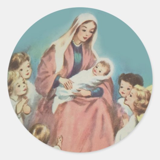 Kerstmis Gezegende Maagd Maria Baby Jezus Engelen Ronde Sticker (Voorkant)