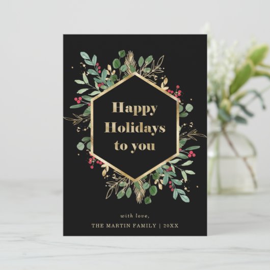 Kerstmis Gilded Greenery | Foto terug Feestdagenkaart (Staand voorkant)