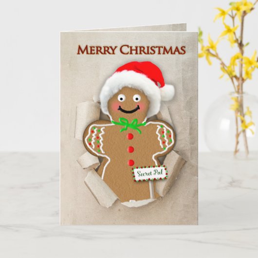 Kerstmis, Gingerbread Man Santa Hat Kaart (Gele Bloem)