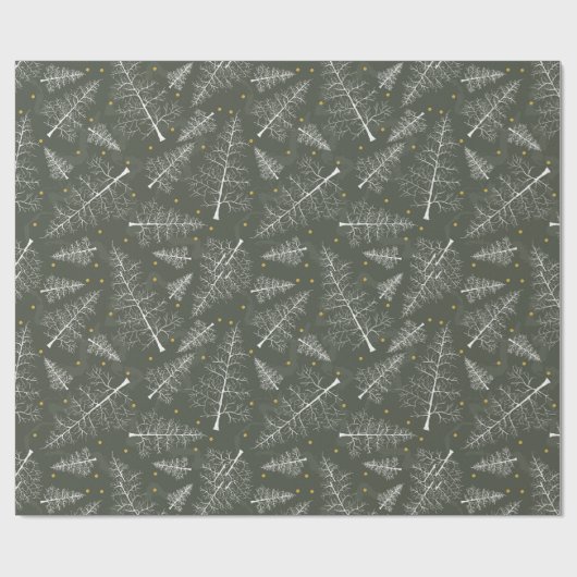 Kerstmis Glimmer: Witte dennen op olijfgroen Cadeaupapier (Vlak)